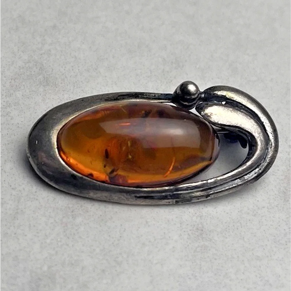 Vintage Genuine Amber Sterling Silver 925 Oval Brooch Pin Classic Estate Jewelry